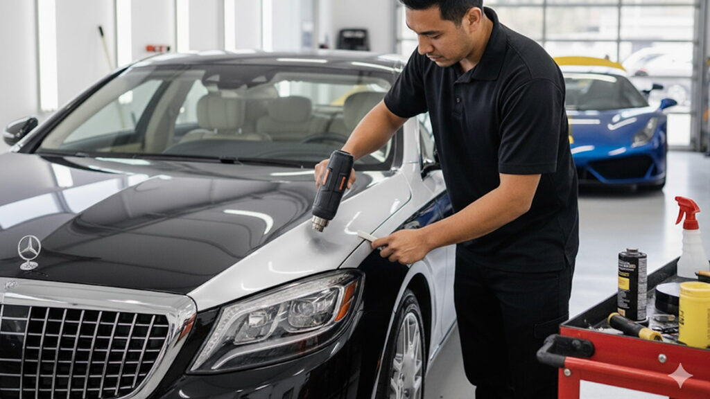 man applying Wrapping​ on luxury car
