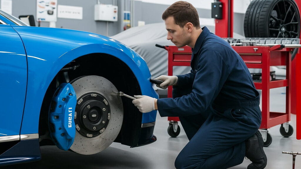 mechanic performing Brake Services​ to a car