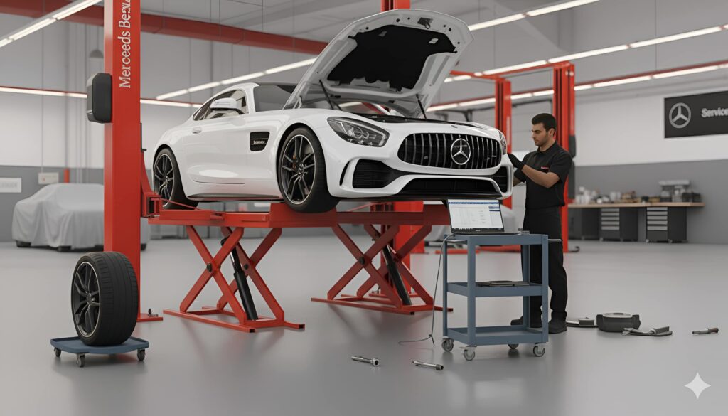 exotic white Mercedes car repair