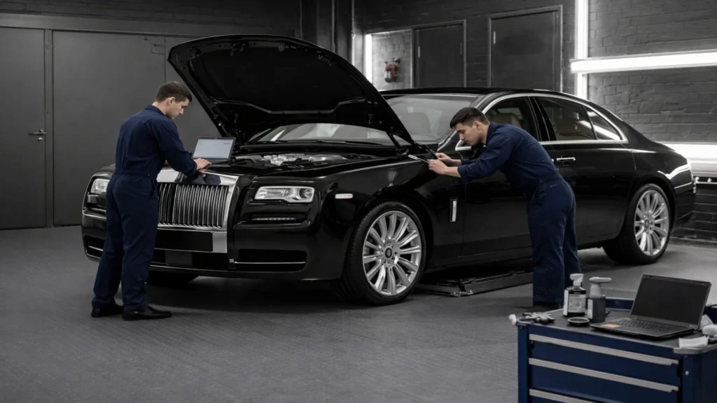 Luxury cars services two professionals working on a Luxury car in black colour