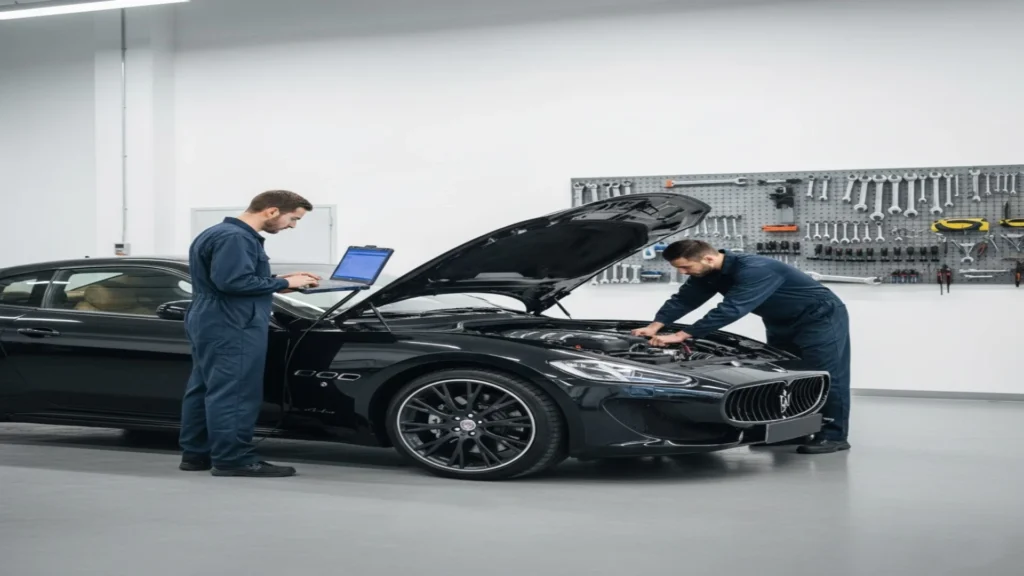 two engineers working on a luxury car engine