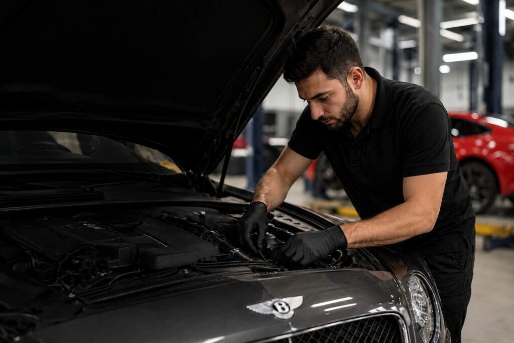 Luxury car diagnostics in workshop setting