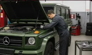 Mori Autoworks technician topping up fluid under the bonnet of a BMW M5 while checking for a power steering fluid leak