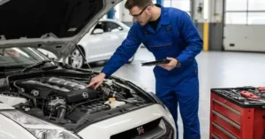 Technician inspecting a Nissan GT-R engine bay for timing belt and chain wear at a Dubai workshop