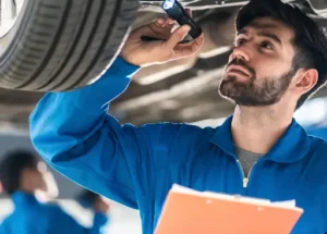 Inspector checking the underside of a used car on a lift during a pre-purchase inspection in the UAE